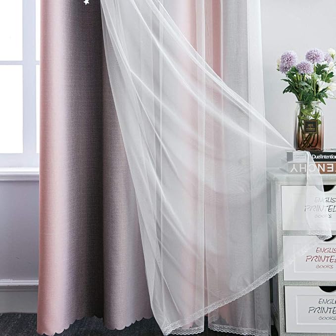 FANLI Ombre Rainbow Blackout Curtains for Kid Girls Bedroom Living Room Darking Stripe Double Layer Star Cut Out Wall Home Decor Gradient Grommet Window Curtains (Pink/Grey, 52W x 95L)