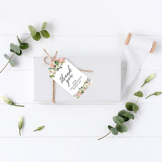 Andaz Press 100-Pack Thank You for Celebrating with Us Favor Tags Peach Coral Floral Garden Cardstock Gift Tags with Bakers Twine for Wedding Baby Shower Bridal Shower Party Favors 2 x 3.75-Inches
