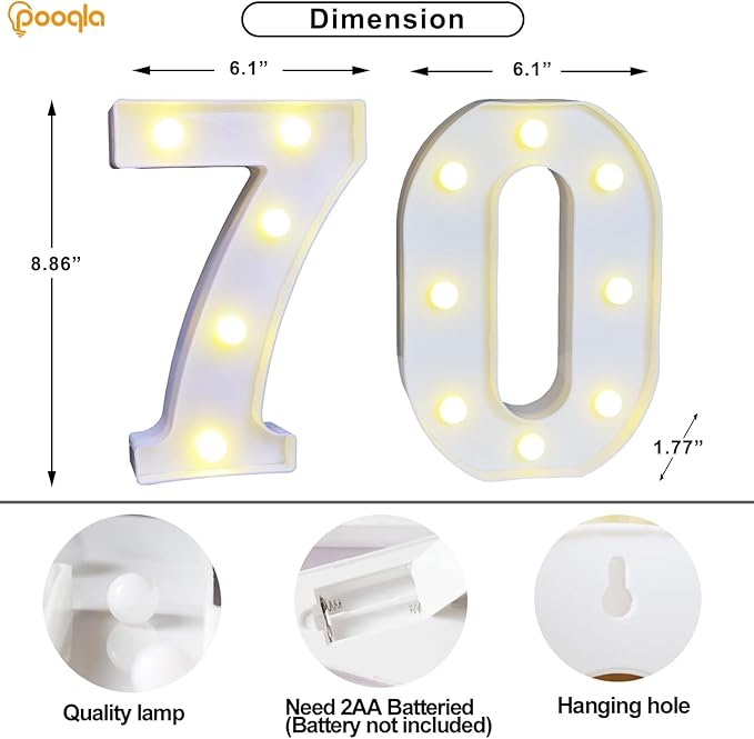 Pooqla 70th Birthday Decoration for Woman Man, Decorative LED Light Up Numbers, Marquee Numbers 70 Sign for Party Backdrop 70th Wedding Anniversary Decor, Warm White and Cool White Number 70