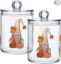 Gredecor 2 Pack Apothecary Jars with Lid Fall Gnome Maple Pumpkins Qtip Holder Dispenser Storage Containers Clear Plastic Cute Fall Autumn Thanksgiving Theme Canisters for Bathroom Vanity Organization
