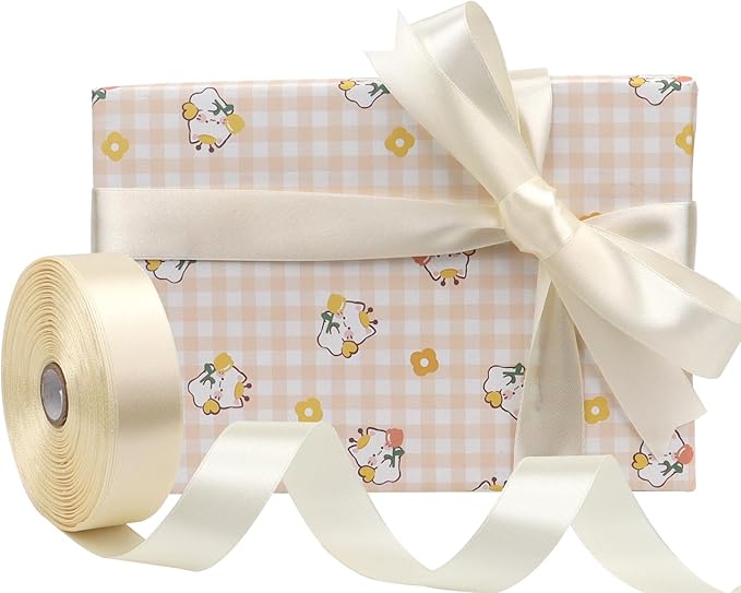 Rice White Solid Satin Ribbon 1 Inch 50 Yards Solid Polyester Fabric Ribbon for Gift Wrapping Wedding Christmas Baby Shower Birthday Party Decoration Handmade Immortal Flower Craft