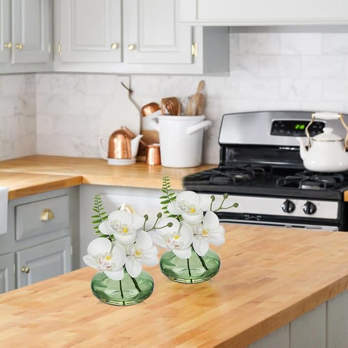 White Orchids Artificial Flowers Faux Orchids Arrangement in Light Green Glass Vases Set of 3 Real Touch Phalaenopsis Orchid Flowers Small Fake Orchid Centerpiece for Dining Room Table