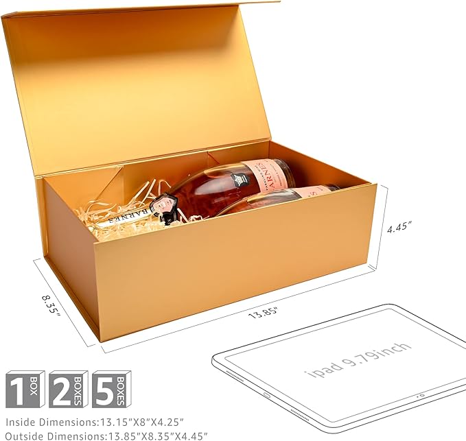 LIFELUM Gift Boxes with Lids,2 Pack 13.85 x 8.35 x 4.45 inch Gold Gift Boxes with Magnetic Lid and Ribbon, Card, Shredded Paper Filler Empty Gift Box for Christmas,Valentine's day,Birthdays