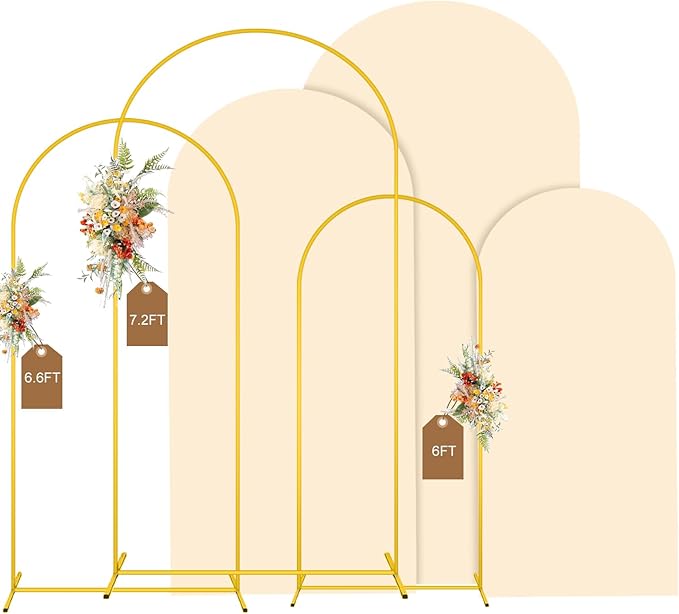MODFUNS Arch Backdrop Stand and Cover Set of 3 Gold Wedding Arch Stand 6&6.6&7.2ft Beige Arches Cover Chiara Backdrop Stand for Party Birthday Banquet Wedding Arched Frame