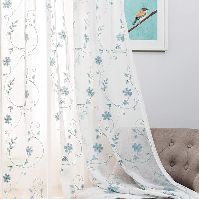 Sheer Curtains Blue 45 Inch Embroidered Floral, Rod Pocket Voile Drapes for Living room, Bedroom, Window Treatments Semi Crinkle Curtain Panels for Yard, Patio, Villa, Parlor, Set of 2, 52"x 45".