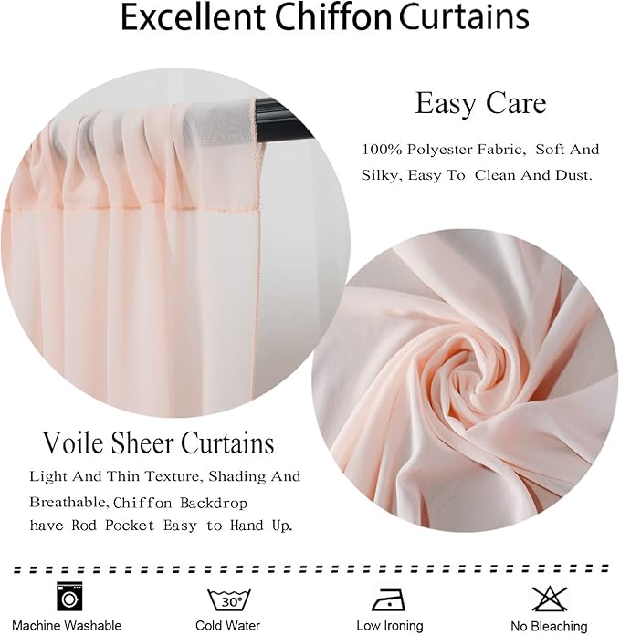 DUOBAO Peach Chiffon Backdrop Curtain-2 Panels 29"x120" Wedding Chiffon Backdrop Drapes Polyester Chiffon Fabric Drapes Birthday Backdrops Voile Window Curtain Photography Backdrop (29''x120''x2pcs)