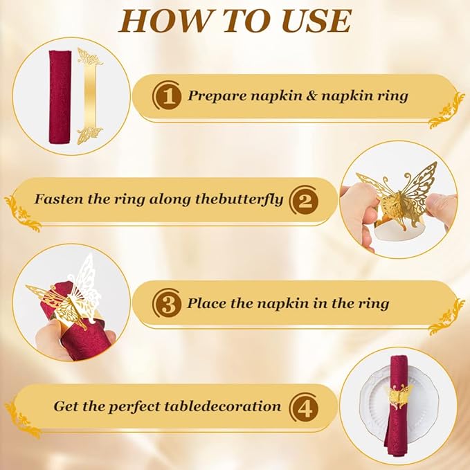 150PCS Butterfly Napkin Rings for Luxury Banquet Style, Reusable Paper Napkin Holders for Wedding Banquet Dinner Table Decor, and Catering Party Services (Gold) (Pack of 2)