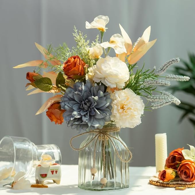 LESING Dahlia Flower Aritificial Flower with Vase Fake Silk Flowers in Glass Vase Faux Rose Flowers Arrangement for Home Office Table Centerpiece Decoration (Blue)