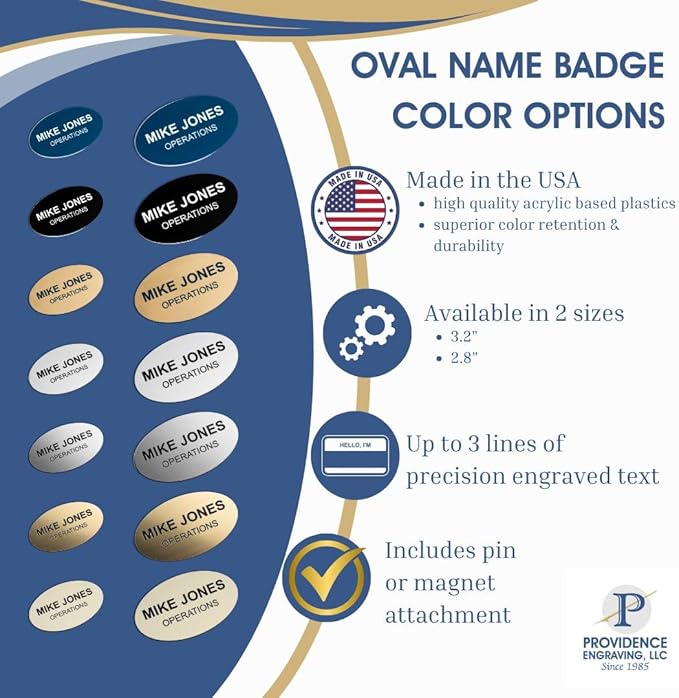 Custom Engraved Name Tag Badges – Personalized Identification with Pin or Magnetic Backing, 3.2 Inch Oval, European Gold/Black