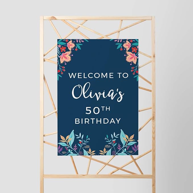 Andaz Press Personalized Extra Large Birthday Easel Board Party Sign, 12x18-inch, Vintage Bohemian Flowers on Navy Blue, Welcome to Olivia's 50th Birthday, 1-Pack, Custom Name Age