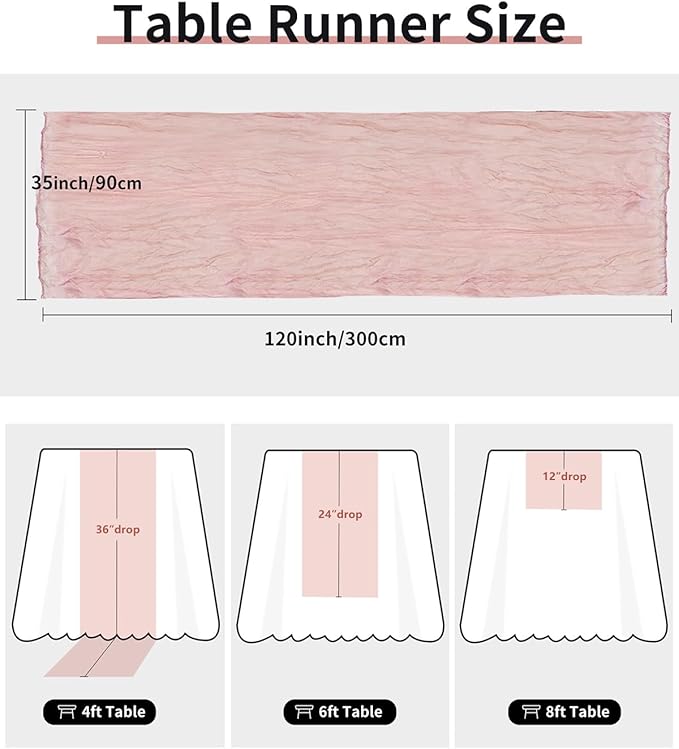 Pink Cheesecloth Table Runner 120 Inch, Dusty Pink Boho Rustic Gauze 10 FT, Summer Cheese Cloth Runner for Wedding, Baby Shower, Party, Farmhouse Centerpiece Home Decorations