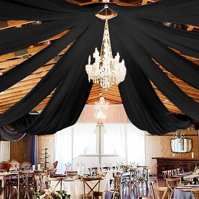 6 Panels Black Ceiling Drapes 5ftx10ft Wedding Chiffon Fabric Arch Draping Sheer Curtains Soft Drapery for Party Ceremony Stage Swag Decorations