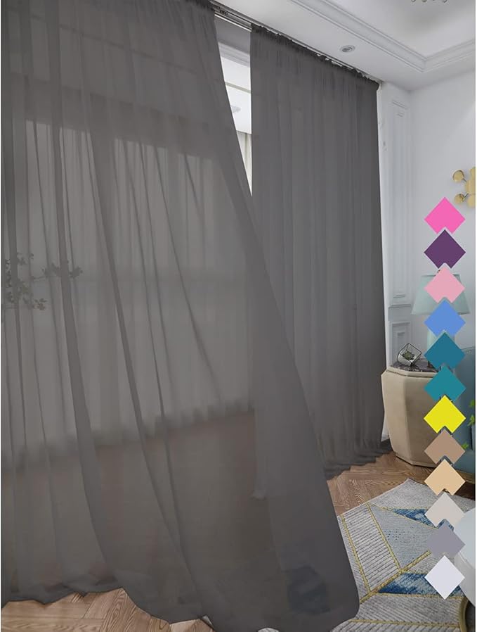 Window Dark Grey Sheer Curtains 48 Inches Width 145 Inches Long 2 Panels Sheer Curtain Clear Curtains Basic Rod Pocket Panel for Home Living Room Bedroom Kids Room Yard Patio Parlor Sliding