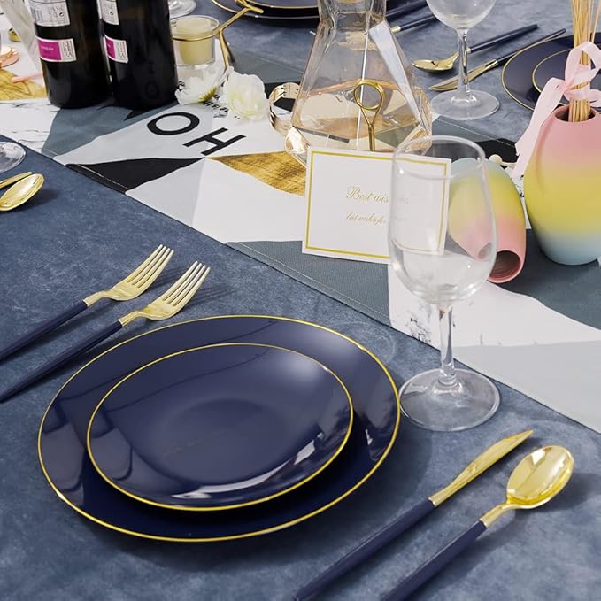 Liacere 150PCS Blue Plastic Plates - Gold Plastic Silverware with Blue Handle - Navy Disposable Plates Include 30 Guests Plates,Forks,Spoons,Knives for Wedding & Party & Halloween