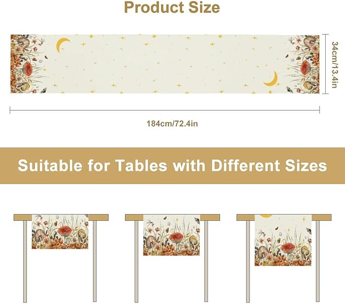 Mushroom Kitchen Table Runner, Gothic Moon Star Plants Witchy Moonlit Flower Butterfly Table Runner for Kitchen Dinner Living Room Drapes, 13x108 Inch White