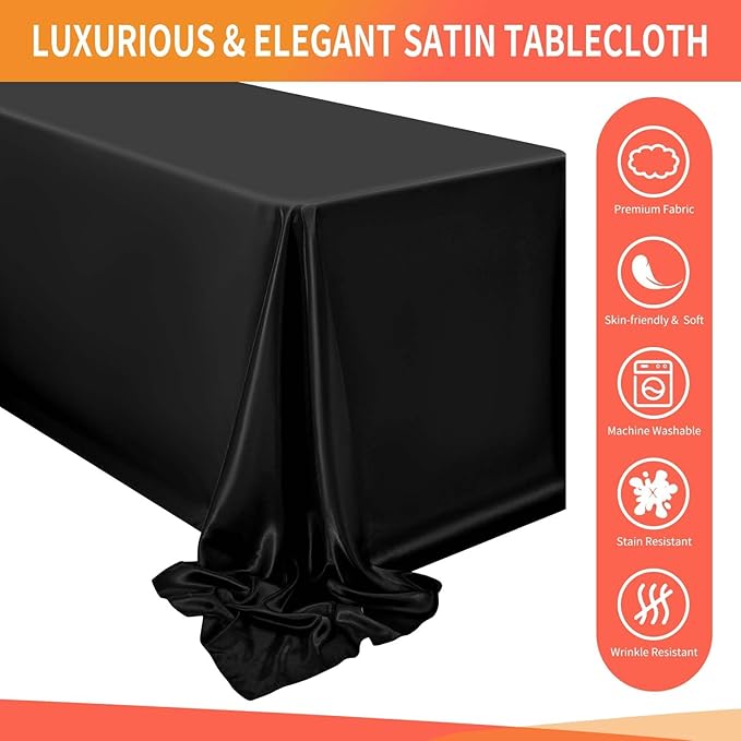 8 Pack Satin Tablecloth 90 x 156 Inch Black Rectangle Silky Satin Table Cover,Bright Silk Smooth Table Cloth,Overlay Silky Table Cover for Wedding Party Banquet Event Dining Decoration