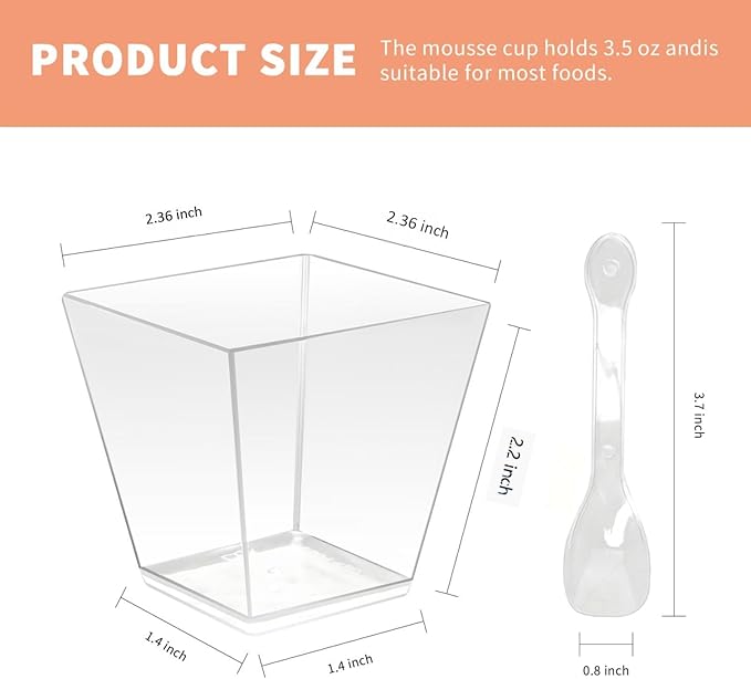 50 Pack 3.5 oz Clear Plastic Square Dessert Cups with Spoons，Mini Disposable Parfait Cups for Yogurt, Ice Cream and Tasting，Serving Cups for Appetizer，Pudding，Party (3.5 oz)