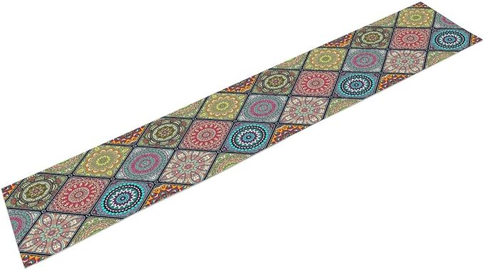 Boho Bohemian Table Runner, Vintage Indian Floral Print Table Cover for Farmhouse Kitchen Dining Table Decor Holiday Party, 13x108inch