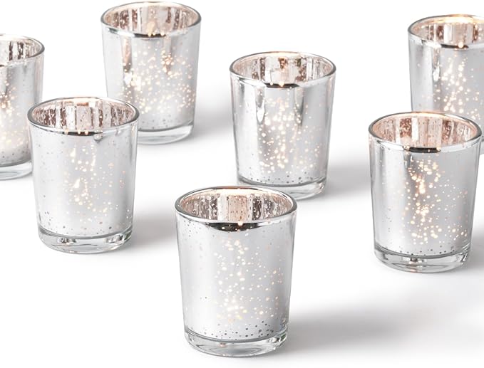 Homemory 24 Pcs Silver Votive Candle Holders, Mercury Glass Candle Holder, Tealight Candle Holders for Table Centerpieces, Baby Shower, Party, Anniversary, Wedding, Home Decor, Halloween, Christmas