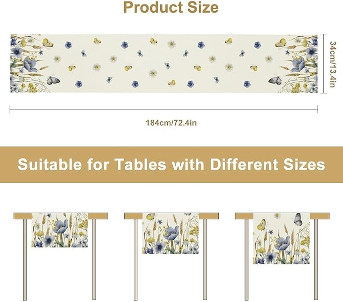 Floral Table Runner, Spring Watercolor Flower Plants Nature Butterfly Table Runner for Kitchen Dinner Living Room Home Party, 13x60 Inch
