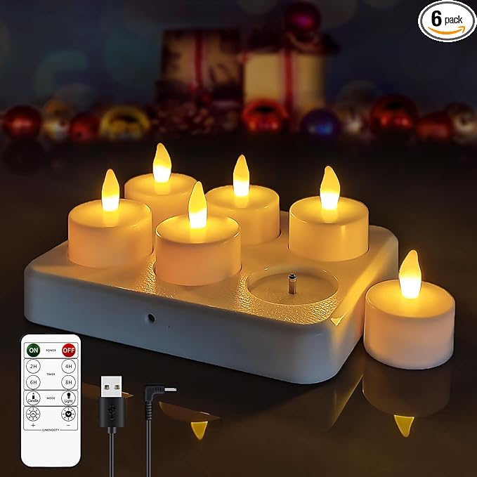 Rechargeable Tea Lights,Flameless LED Candles with Remote Timer,Battery Operated Tea Lights Flickering Votive Candle,for Home Restaurant,Holiday Party (6 Pack)
