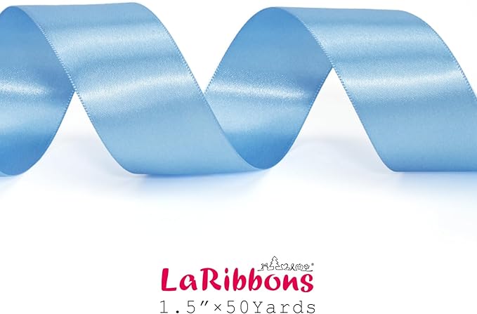 LaRibbons Light Blue Satin Ribbon 1 1/2 Inch 25 Yards Luxury Double Faced Blue Silk Ribbon for Flower Bouquet Crafts Gift Wrapping Wedding Party Babyshower Decoration