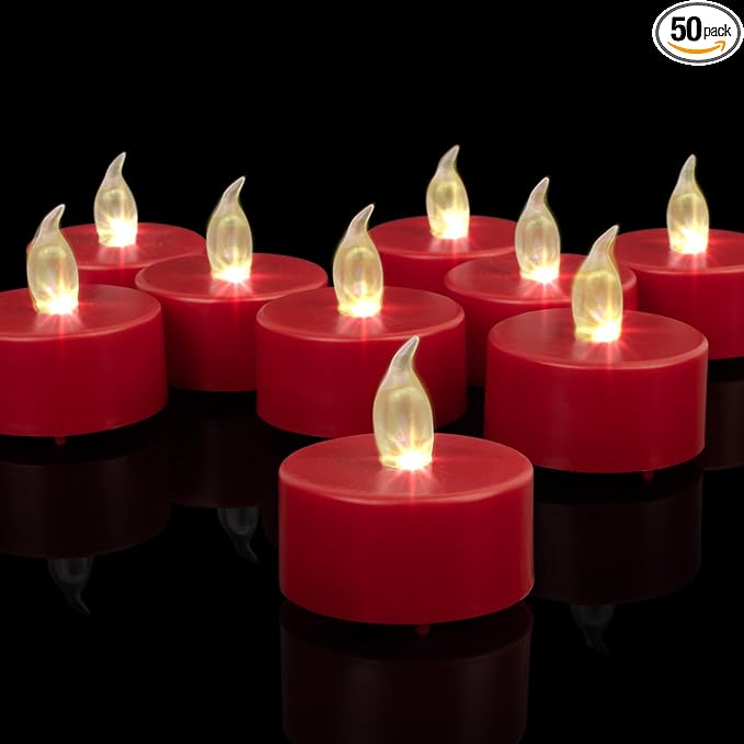 LED Tea Lights Candles- 50PACK Red Flameless Candles Realistic and Bright Flickering Long Lasting 200Hours for Holiday Celebration,Home Decoration