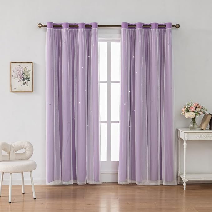 Ombre Rainbow Blackout Curtains for Kid Girls Bedroom Living Room Darking Stripe Double Layer Star Cut Out Wall Home Decor Gradient Grommet Window Curtains (Purple 95L)