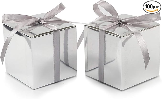 COTOPHER 100pcs Small Gift Boxes, Favor Boxes 2x2x2 inches Paper Gift Boxes with Ribbons Candy Box for Wedding Favors Baby Shower Bridal Shower Birthday Party (100 Metallic Silver)