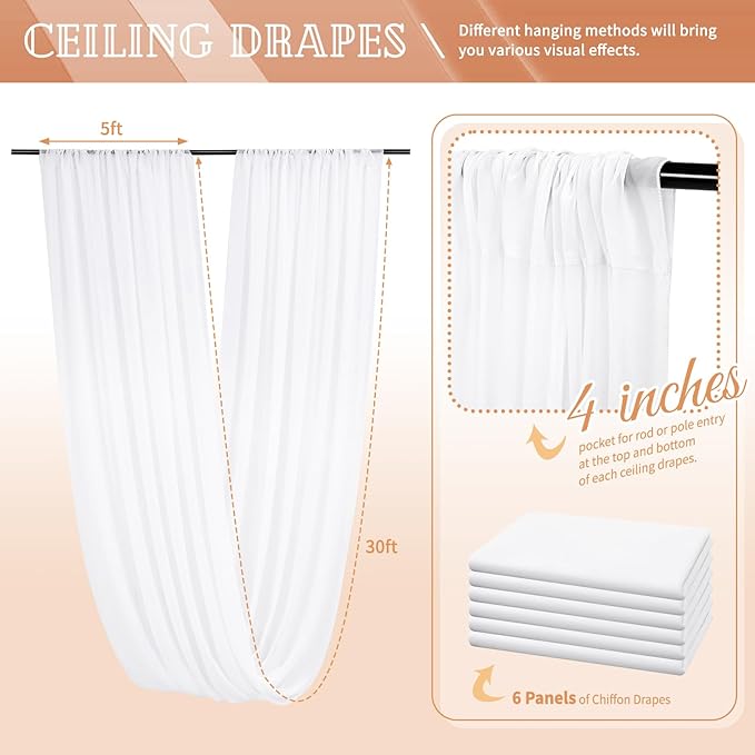 6 Panels White Ceiling Drapes 5ftx30ft Sheer Drapery Ceiling Curtains Chiffon Fabric Arch Draping for Wedding Party Ceremony Birthday Baby Shower Reception Stage Ceiling Decorations
