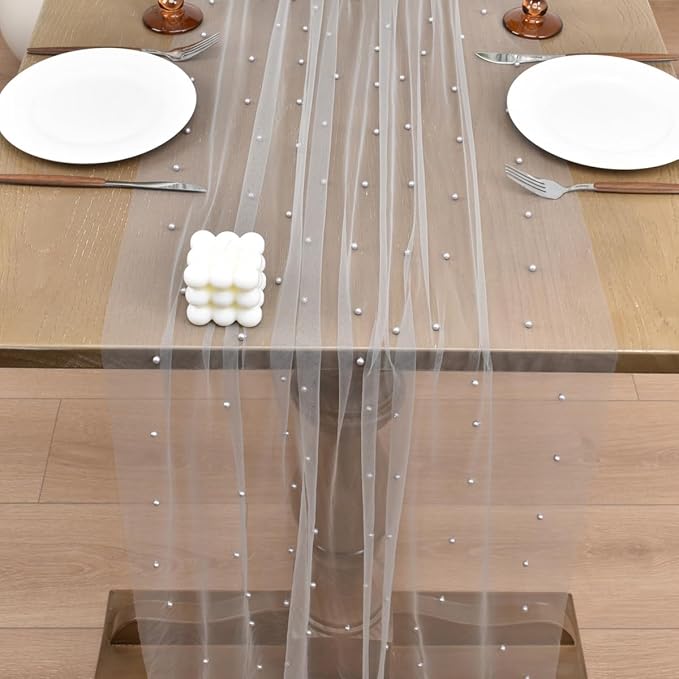 Joanlody Fall Pearl Table Runner 10ft Rustic Boho Tulle Table Runner with Pearls for Baby Shower Wedding Party Veil Dessert Thanksgiving Table Decor Gray