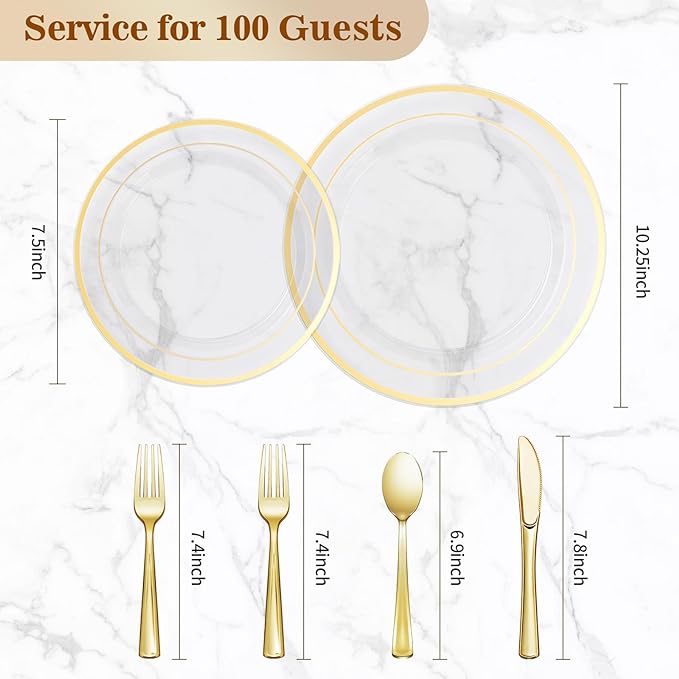 600PCS Clear Gold Plastic Plate Set (100 Guests), Plastic Plates for Party Wedding Birthday, Disposable Dinnerware Set of 200 Plates, 200 Forks, 100 Spoons, 100 Knives for Christmas