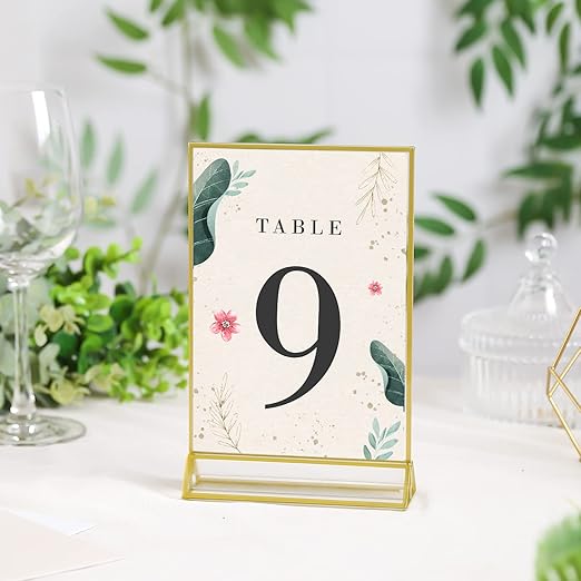 UNIQOOO Acrylic Sign Holders with Golden Border, Portrait View, Pack of 12 | 4x6 Inches Double Sided Clear Frame, Perfect for Wedding Reception, Centerpiece, Decoration, Party,Anniversary, Event