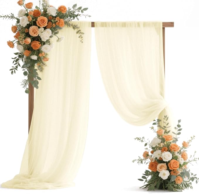 VOK Wedding Arch Draping Fabric Chiffon Fabric, 29in x 18Ft 2 Panels Sheer Chiffon Outdoor Curtain for Wedding Ceremony Birthday Party Decoration (Light Yellow,2 Panel)