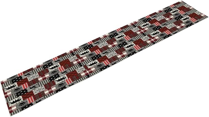 Rustic Farm Table Runner,Vintage Woodland Deer Bear Animal Buffalo Plaid Print Tablecloth Burlap for Hotel Indoors Outdoor Dining Room Kitchen Home Decor,W13X L70 in