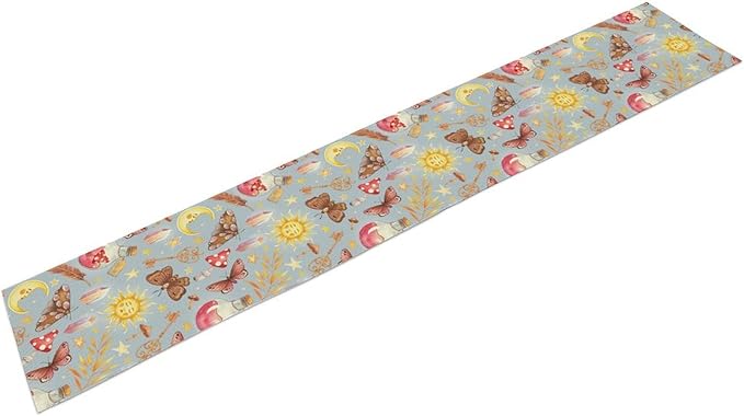 Boho Sun Moon Table Runner Mystical Rustic Butterfly Mushroom Star Table Runner for Kitchen Living Room Dinner Holiday 13x90 Inch