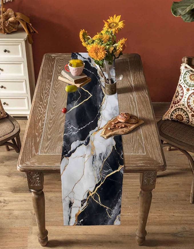 Black White Marble Cotton Linen Table Runner for Dining Kitchen, Wedding Outdoor Party Tablerunners Decoration, Nature Marble Crack Modern Art Dresser Scarf Coffee Tablecloth Runners 13x36 Inches