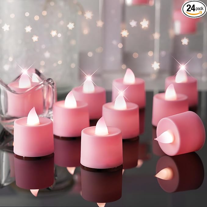 Amagic 24 Pack Pink LED Tea Lights, Flameless Votive Candles, Electric Fake Colored Candles, Battery Operated Tealights Candles for Party, Christmas, Aniversary, Wedding Table Centerpiece, Proposal