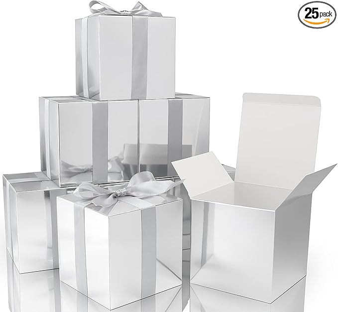 COTOPHER Small Gift Boxes 25 Pack 6x6x6 inches Silver Gift Boxes with Lids for Gifts, Crafting, Wedding Party Favor, Cupcake Boxes, Candy, Bridesmaids Proposal Box with Ribbons and Stickers