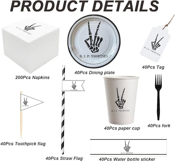 SharkBliss RIP Thirties Party Supplies 480 PCS – Paper Cocktail Napkins Party Cups Water Bottle Labels Toothpick Flags Drinking Straws Gift Tags Forks Plates for Death to My 30s 40th Birthday