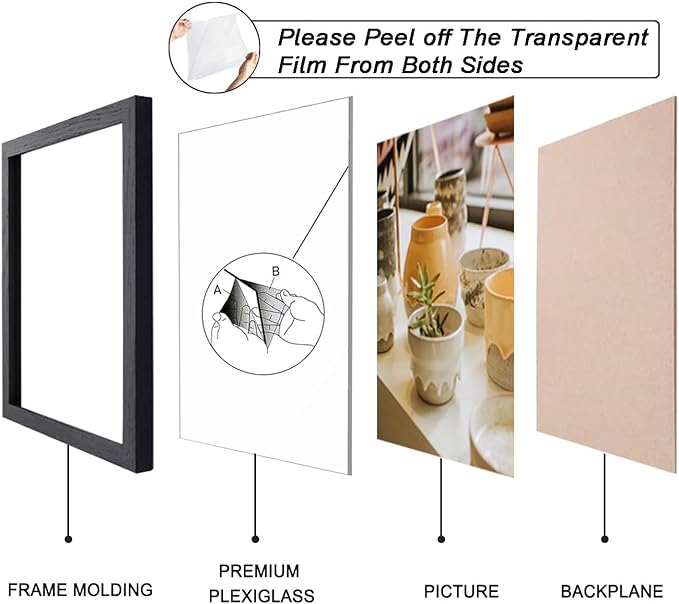 KTKDE A4 Black Picture Frame Set of 6, 8.3x11.7 Wooden Photo Frame Black Engineered Wood with Plexi-Glass for Poster Frame with Wood-grain Wall or Tabletop Living Room Bedroom Home Decor best gift