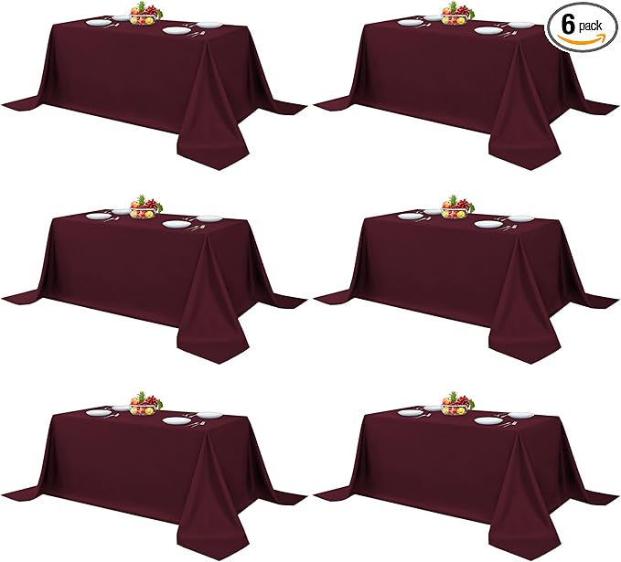Fitable Elegant Rectangle Table Clothes, 6 Pack - 90 x 132 Inch, Burgundy - Reusable and Washable Tablecloths, Polyester Fabric Table Covers for Wedding, Party, Banquet, Formal Events