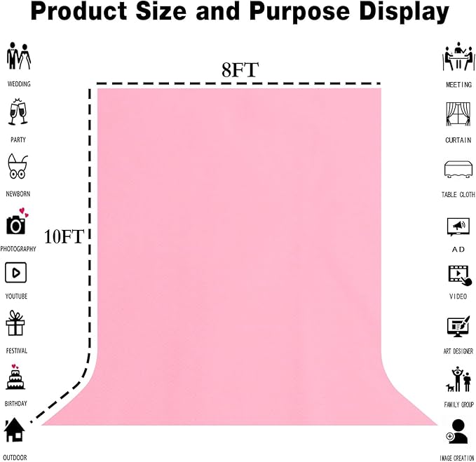 8x10FT Pink Screen Backdrop Background for Photography, Polyester Photo Backdrop for Photoshoot, Party, Video