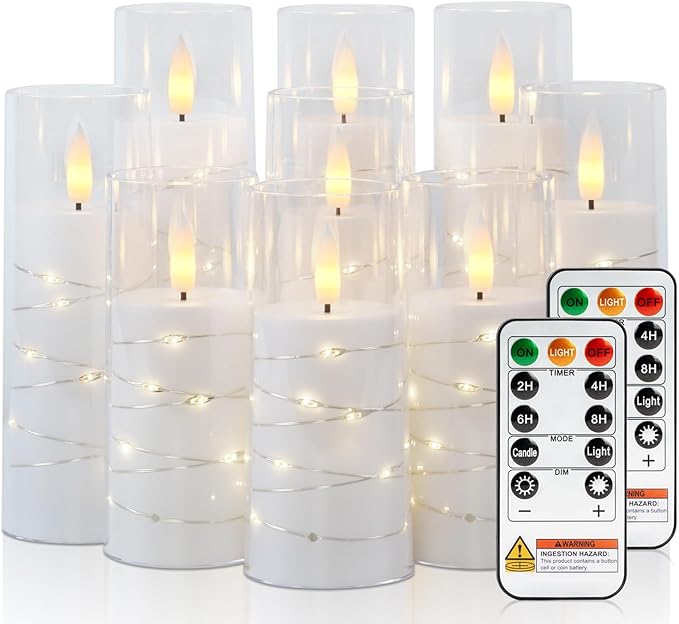Raycare Flameless Candle with Remote Timer – 9 Flickering Acrylic Battery Operated LED Pillar Candles with Embedded Star String for Halloween, Home Decor, and as a Gift (White)