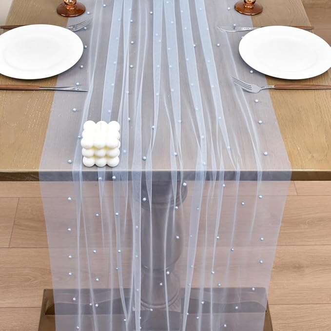 Joanlody Fall Pearl Table Runner 10ft Rustic Boho Tulle Table Runner with Pearls for Baby Shower Wedding Party Veil Dessert Thanksgiving Table Decor Blue