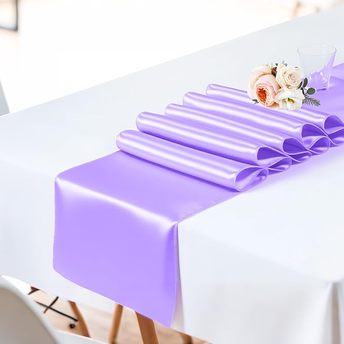 SHEJIZE 10 Pack Lavender Satin Table Runner 12x108 Inches Long, Bright Silky Smooth Satin Table Runner Table Decor for Wedding Banquet Christmas Prom Event Birthday Party