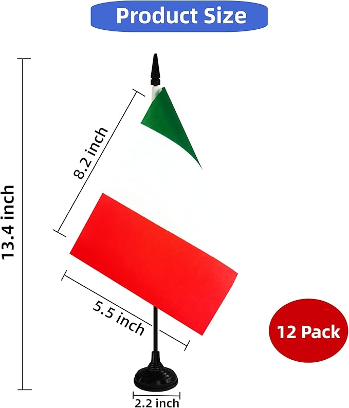 Italy Desk Flag, 12 Pack Italian Table Office Flag with Black Solid Pole and Stand Base, International Country Flag, Festival Celebration, Classroom Meeting Desktop Decor (Italy)