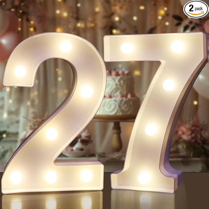 Pooqla Decorative LED Light Up Number Letters, White Plastic Marquee Number Lights Sign for Wedding Decor, Battery Operated (27)