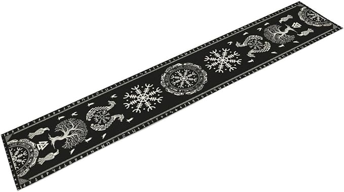 Ancient Abstract Pattern Table Runner, Tree of Life Eagle Dragon Boat Rudder Black and White Table Runner for Party Kitchen Dinner Cafe Bedroom Living Room Table Runner 13x120 Inch
