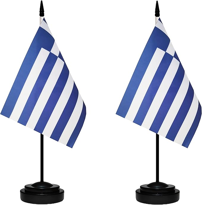 Greece Greek Deluxe Desk Flag Set, Small Mini Miniature Greece Greek Table Desktop Flags With Solid Pole, Black Base and Spear Top(2 Pack)